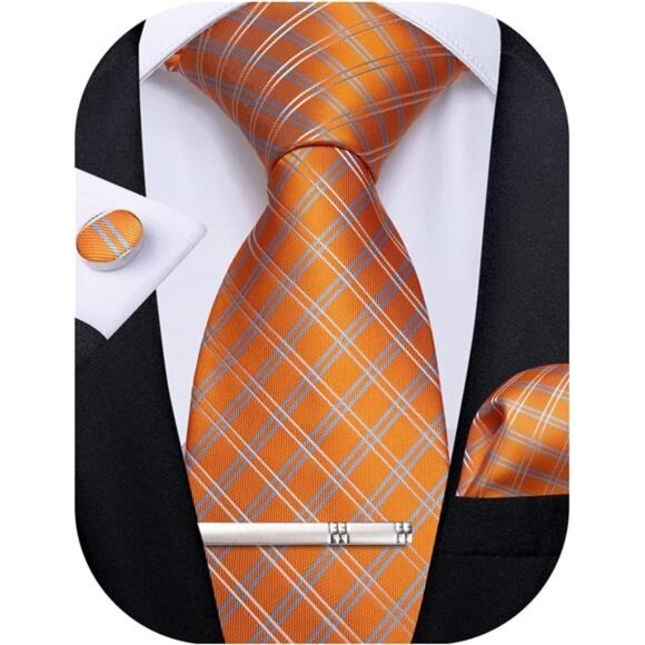Plaid Ties for Men Silk Checkered Necktie and Pocket Square Cufflinks Tie Clip - Picture 7 of 7